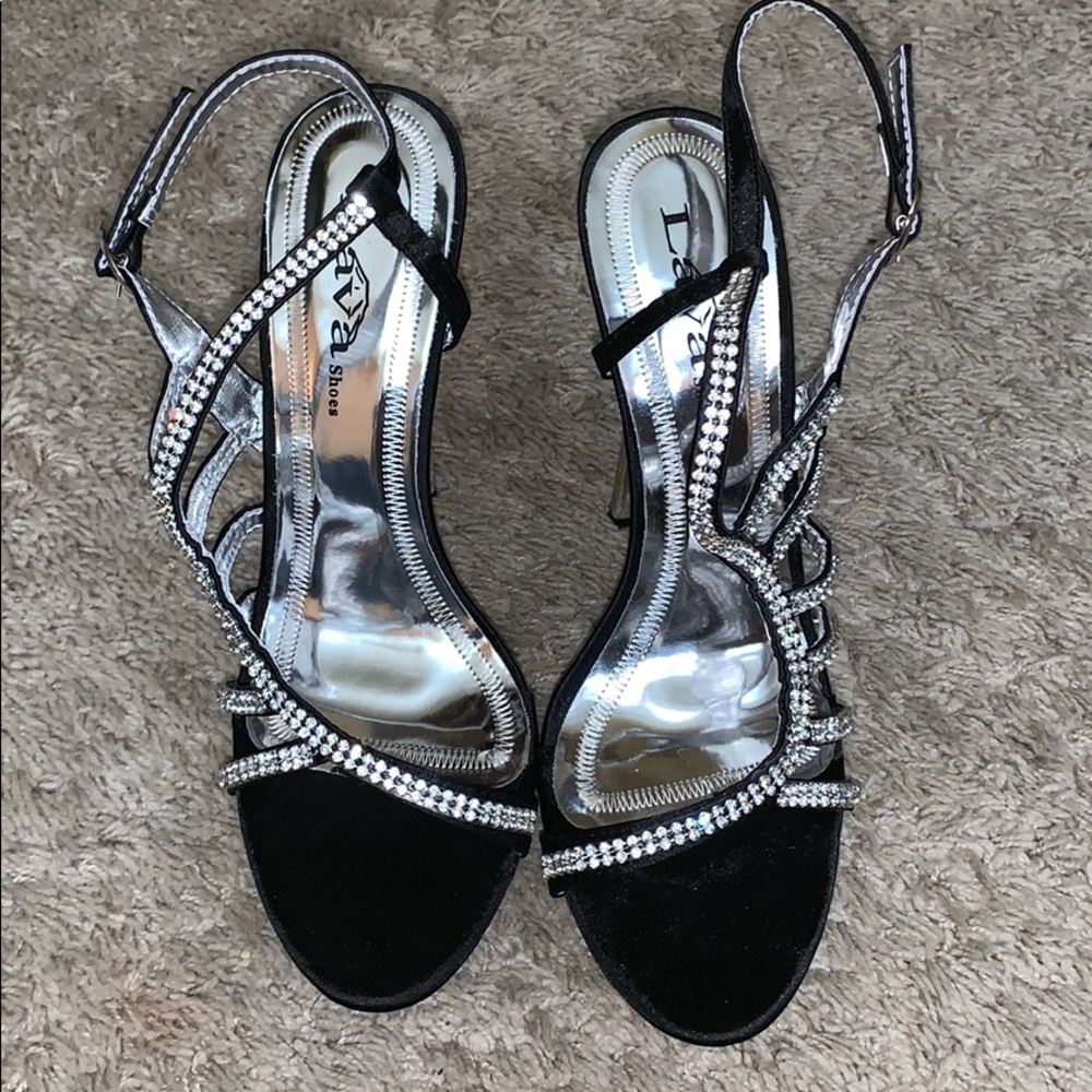 Satin heels with silver gems.